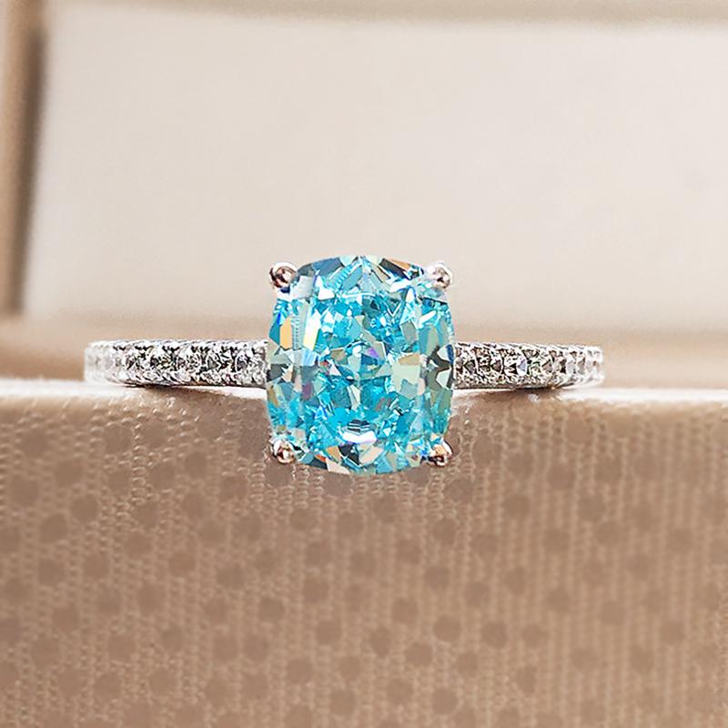 

Cluster Rings 100% 925 Silver Radiant Cut 6.5*7.5MM Aquamarine Ring High Jewelry Gift, Golden;silver