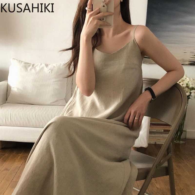 

KUSAHIKI Causal Solid Sleeveless V-neck Women Sling Dress Korean Chic Vestido De Mujer Summer Spaghetti Strap Dresses 6H238 210602, Black