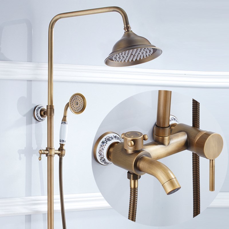 

2021 New European Bronze Ancient Ceramic Set Retro-luxury Base Luxury Suite Shower Round Head with Spray Handle Massive Brass P0s5