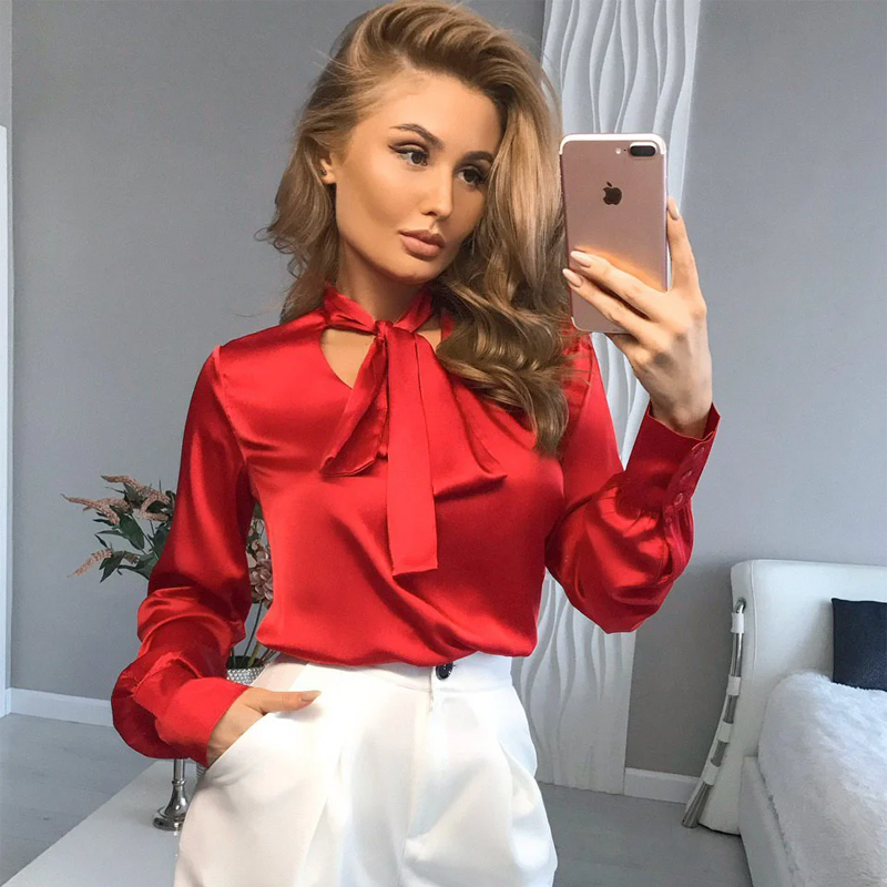 

2021 Office Lady Bow Bandage and Blouse Long Sleeve Solid Eleagnt Casual Satin Shirts Autumn New Fashion Women Tops 425o, Red