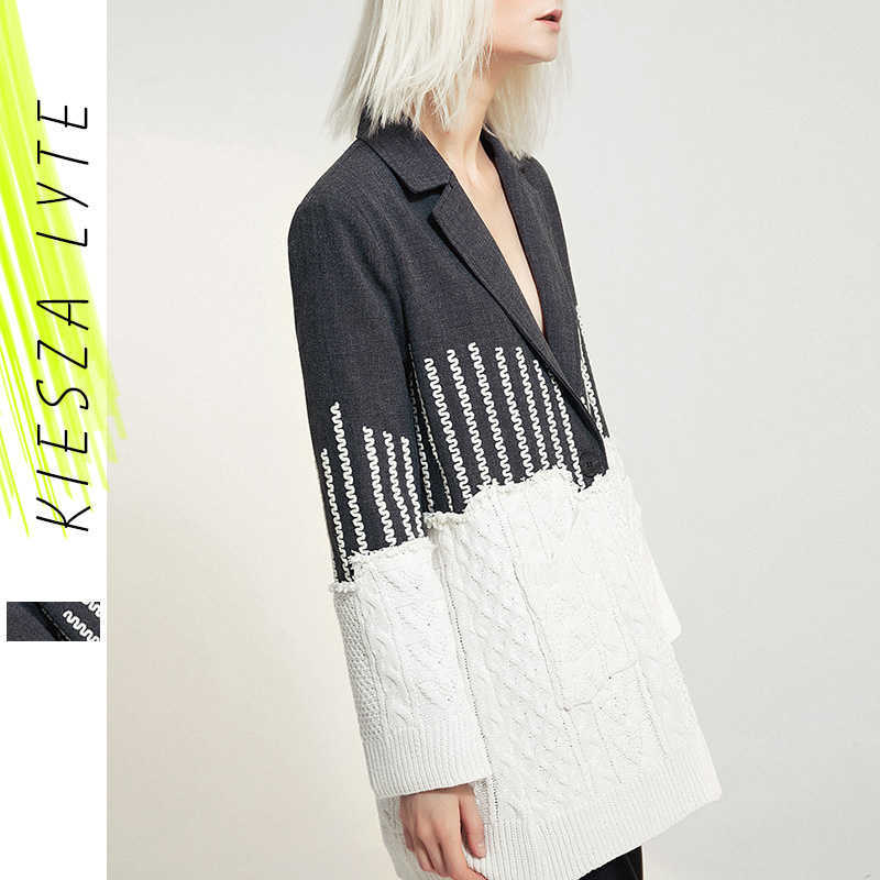 

Loose Fit Gray Cotrast Color Split Knitting Jacket Lapel Long Sleeve Women Coat Fashion Spring Autumn blazer 210608, Darkgray and white
