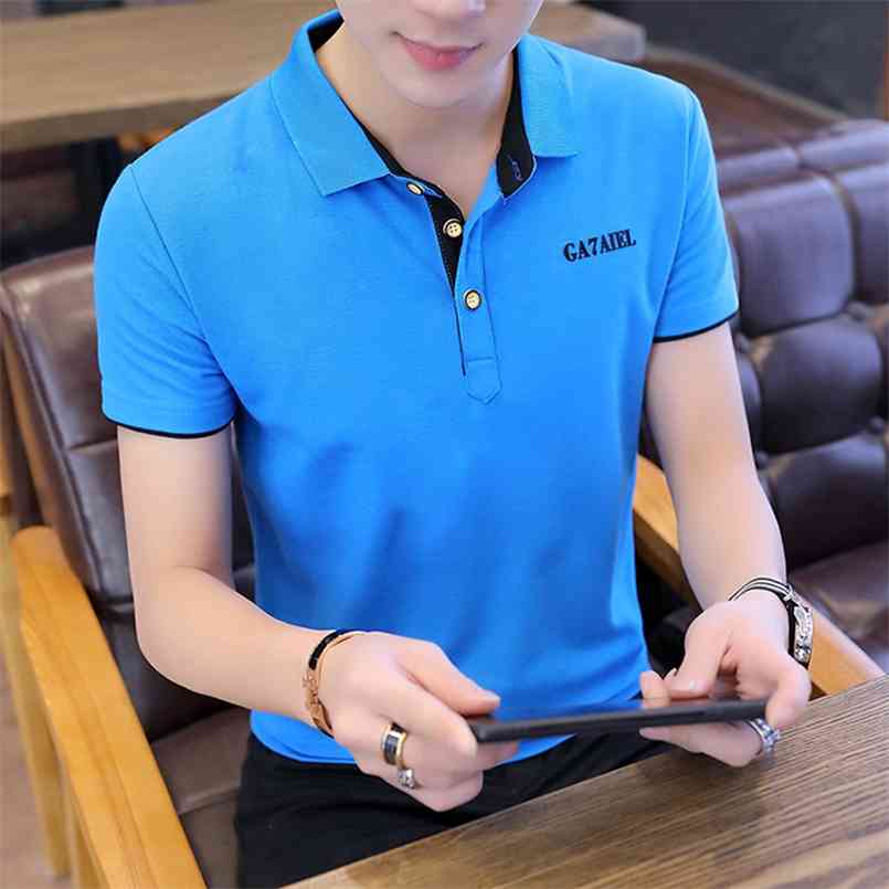 

Short-sleeved T-shirt Men Korean Version Fashion Youth Men's Wear Summer Versatile Turn-down Shirt Homme 210721, Beige