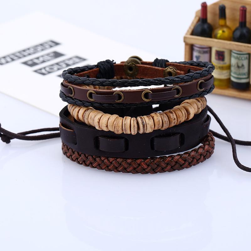Charm Bracelets 4PCS/Set Boho Punk Hippie Brown Black Wrap Leather Knot Copper Rivert Coconut Beige Bead Layers Bangles Unisex-image-710328186