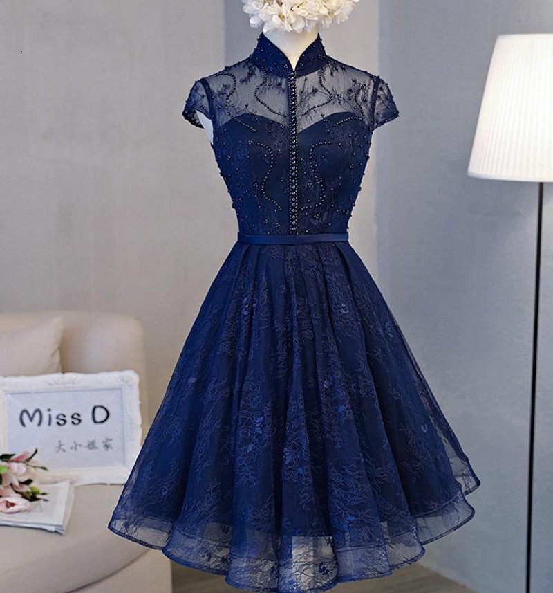 

New Sexy Navy Blue Pearls Lace Evening High Neck Knee Length Prom Formal Es Party 2021 Vestidos De Festa Xusheng98 16tw, Red
