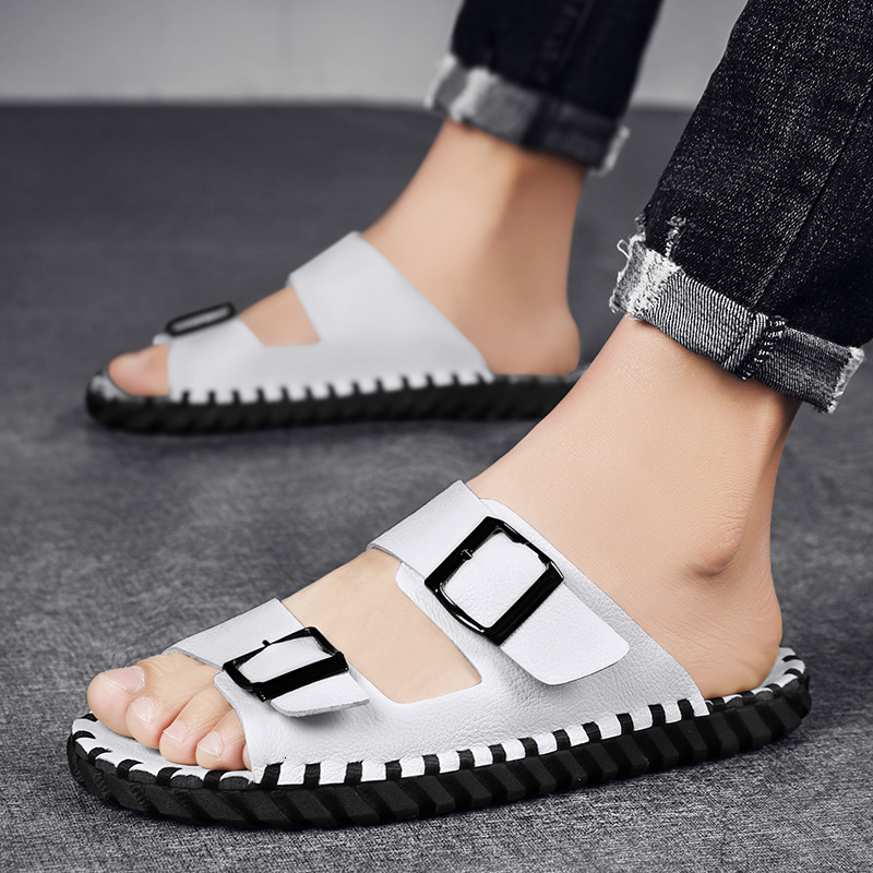 

Slippers men's summer breathable sandals Korean fashion wear leather casual soft bottom one line slippers QTGP, 1# shoe box