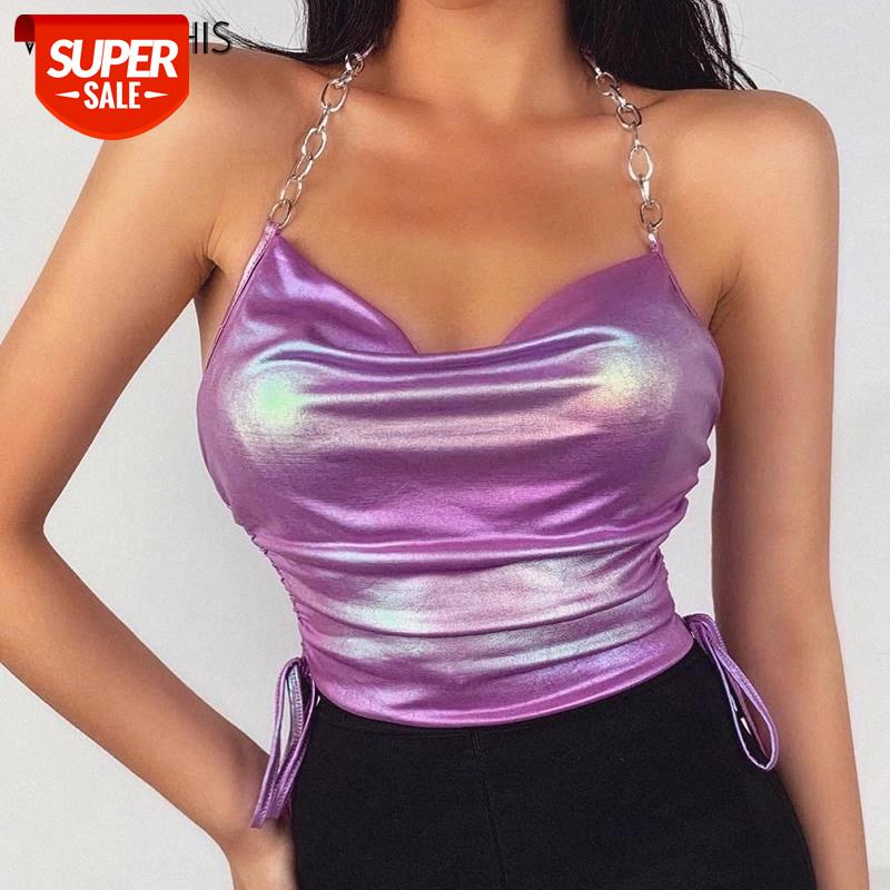 

WannaThis Ruched V-Neck Sexy Camisole Women Metal Chain Straps Backless Crop Top Sleeveless Slim Fashion Summer New Clubwear Top #Gu7Y, White