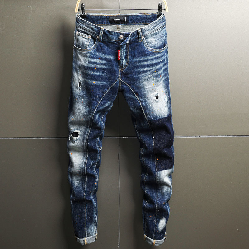 

2021 New Italian Style Fashion Slim Elastic Retro Blue Designer Ripped Men Cotton Pants Streetwear Hip Hop Jeans Homme Lmz3