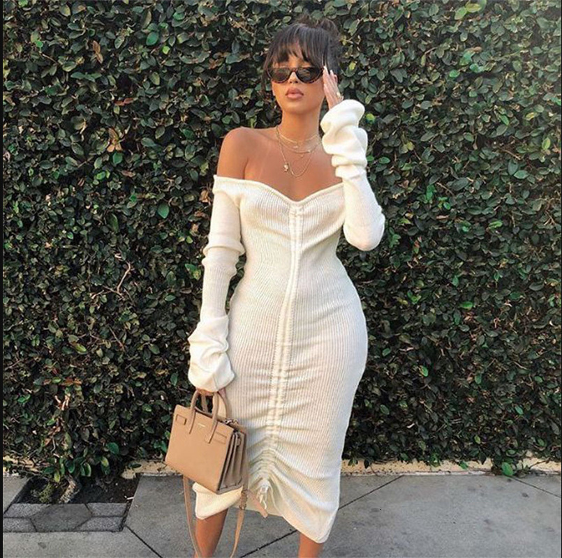 

2021 New Sexy Slash Neck Knitted Midi Flare Sleeve Pleated Bandage Women Trendy Night Club Party Solid Color Streetwear Oyc4, Black