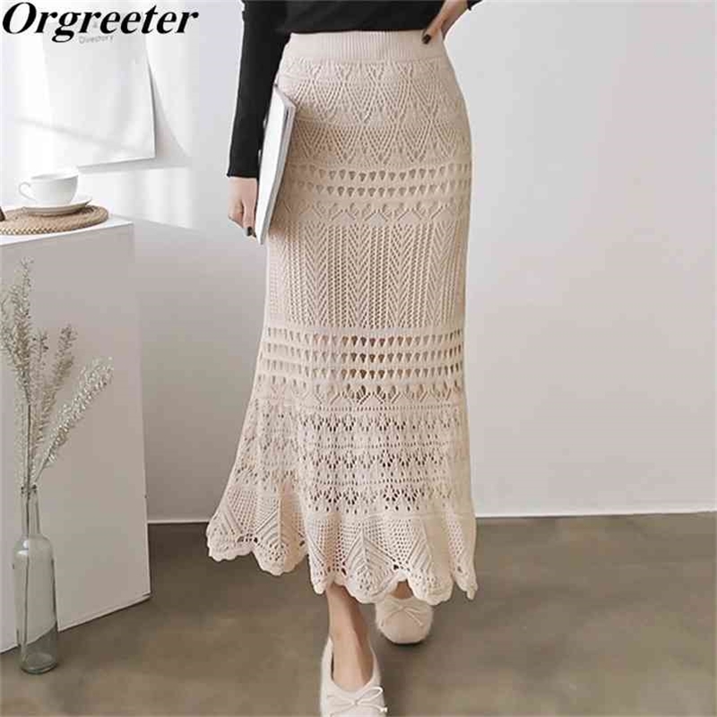

Korean Graceful Women's Knitting Long Skirts High waist Hollow Out Elastic Wave pattern Hem Bodycon Skirt Black Khaki 210602
