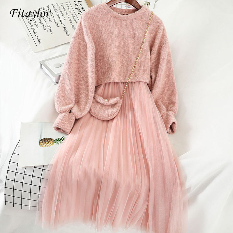 Costume deux pièces pour femmes, pull tricoté, pull à col rond et robe à bretelles Spaghetti, ensemble robe féminine, printemps et hiver