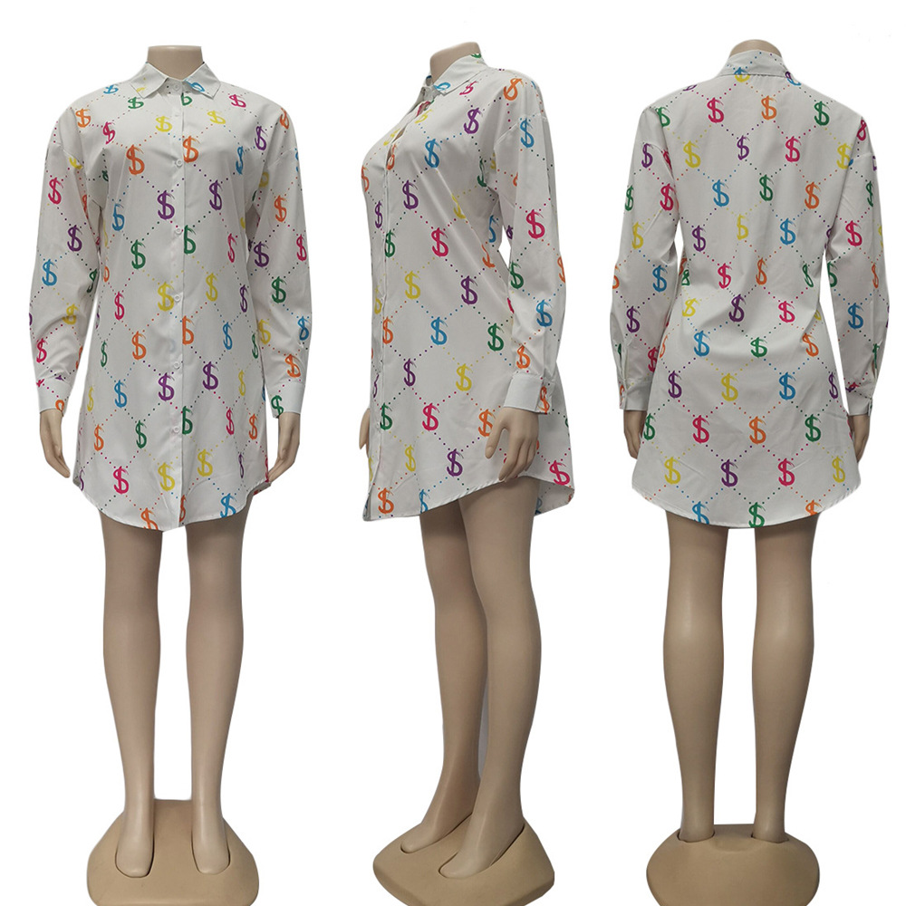 

Shirts Fashion Design Clothes Women Sexy Casual Letter Digital Printed Long Sleeve Dress Plus Size S-2XL, White