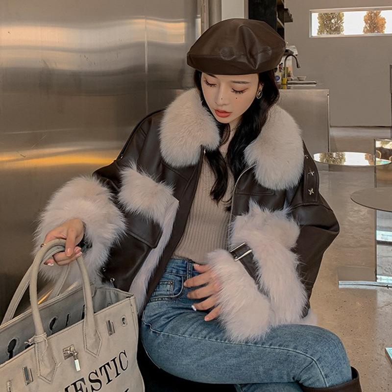 

Women's Fur & Faux 2021 Winter High Quality Coat Short Stitching Sheepskin Fashion Large Size, Black