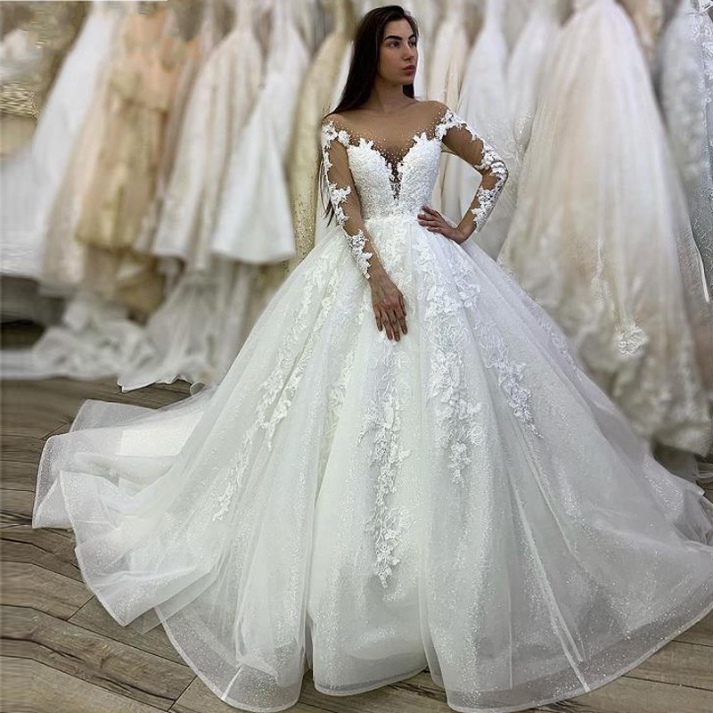 

New Luxury Ball Gown Plus Size Sequins Wedding Es 2021 Scoop Neck Long Sleeves Cathedral Train Beaded Bridal Gowns Mariee Doc9, White