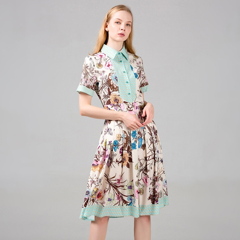

Fashion Brand Designer Print Runway Dress Women Summer Turn-down Collar Long Midi Shirt Dresses 210525, Green