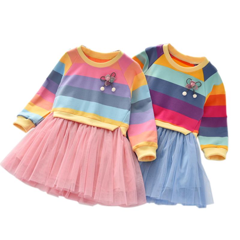 

Fashion Kids Infant Rainbow Striped Dresses Baby Girls Dresses Long Sleeve Winter Party Princess Baby Girls Clothes, Blue