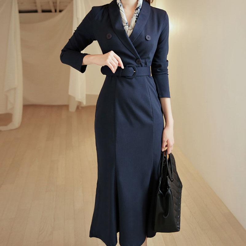 

Casual Dresses Office Ladies V-neck Double Breasted Blazer Trumpet Dress Belted Women Business Slim Mermaid, Red