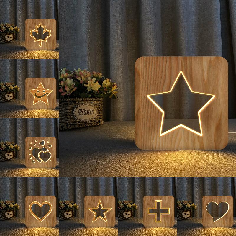

Night Lights Hearts Stars Leafs 3D LED Wooden Light Hollow Table Lamp USB Power Desk For Baby Kids Birthday Year Gift