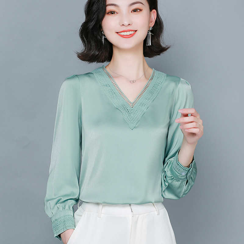 

Korean Heavyweight Silk Women Blouses Shirt Woman Satin Blouse Tops Long Sleeve Embroidery V-neck 210604, Khaki