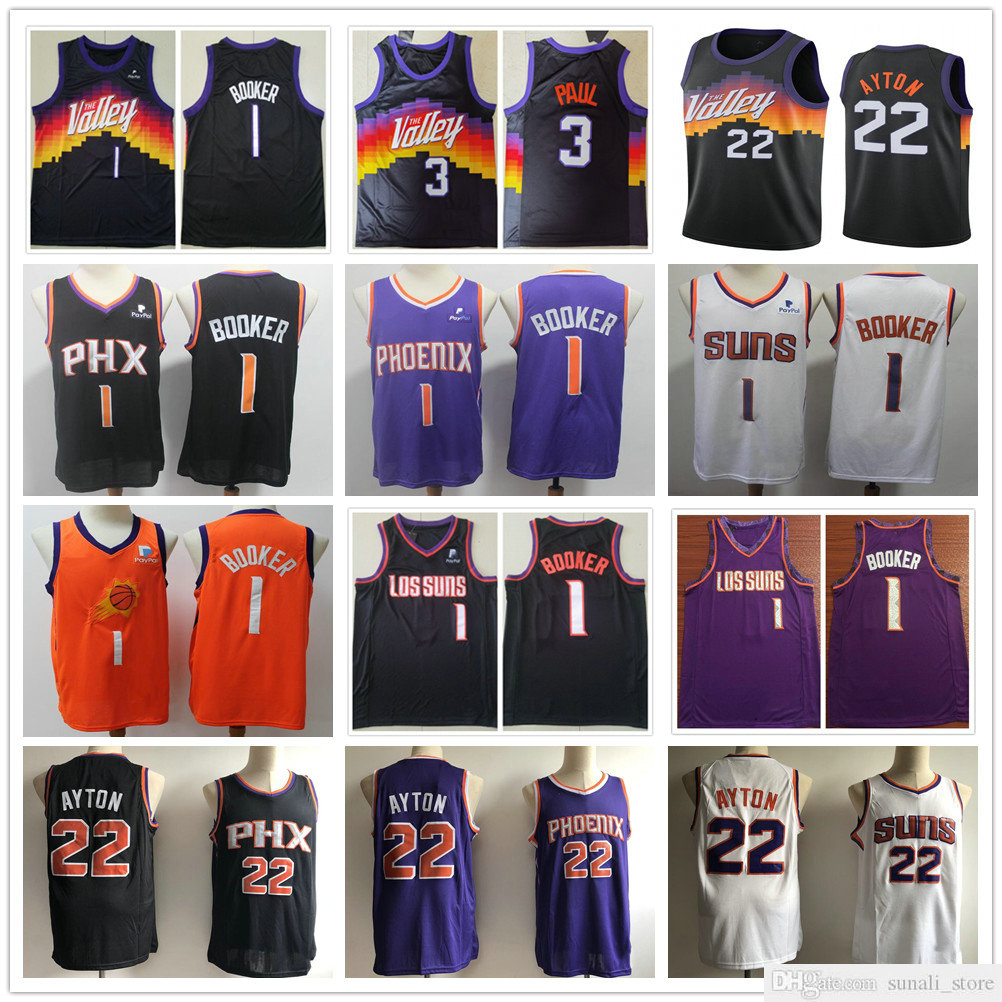 

Stitched Men Devin 1 Booker Jerseys 2021 New City Rainbow Black White Purple Deandre 22 Ayton Chris 3 Paul Basketball College Shirts