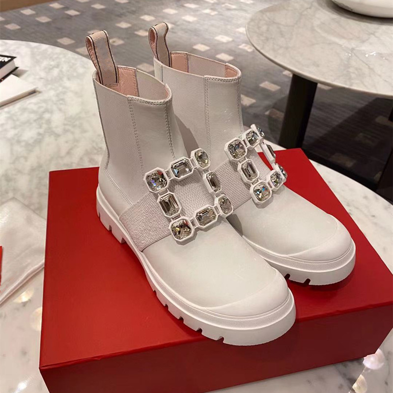 High-quality womens boots, new RV short , rhinestone square buckle, cloud shoes,Elastic tie leather laces, all-match Martin thick-soled half-sect