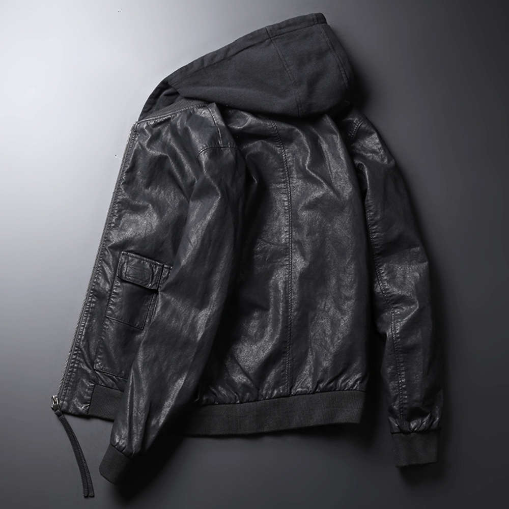 

Slim hooded leather 2021 new Korean fashion jacket handsome spring and autumn men's coat, Black
