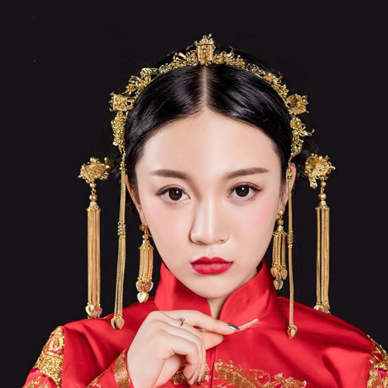 

Wedding Jewelry Sets ACRDDK Chinese Bridal Gold Phoenix Long Tassel Tiara Crown Earrings Set Bride Headpiece Hair Accessories SL, Slivery;golden