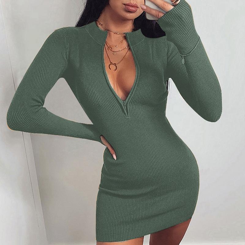 

Women Zip Knitted Turtleneck Skinny Club Long Sleeve Rib Mini Dress Autumn Sexy Dress Green Size