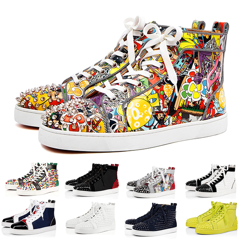 

Red bottoms sneakers men women designer dress shoes high low top Black White Camo Green Glitter Grey pink leather mens fashion spikes casual trainers, Color#27