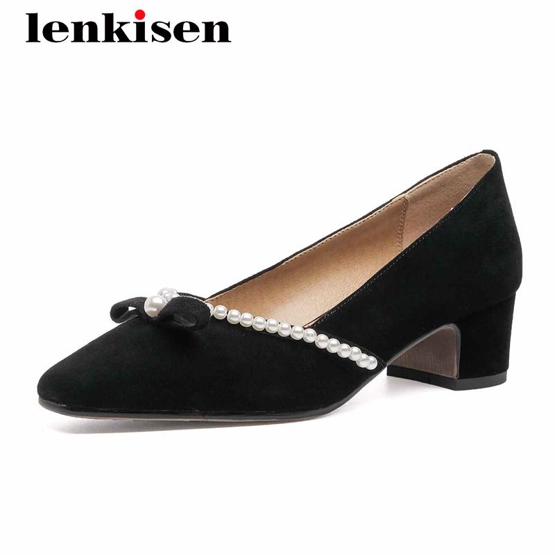 

Lenkisen french romantic sheep suede butterfly-knot pearl square toe thick med heel slip on dance party gorgeous women pumps L21, Black kid suede