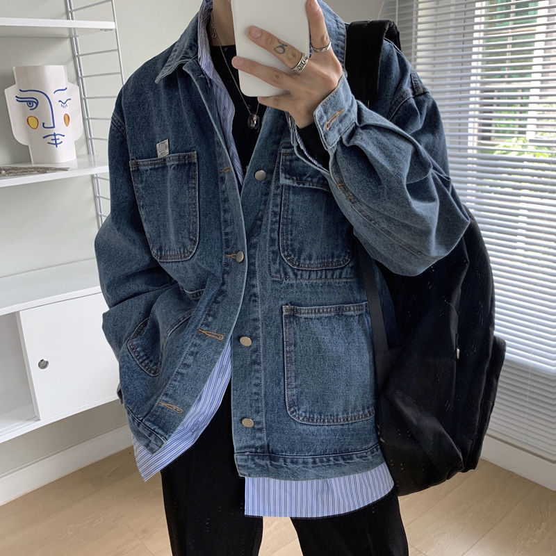 

2021 New -style Korean Casual Men Denim Jacket Trend Cowboy Outerwear Loose Clothes Blue High-quality M- Jackets Wn25, Picture color