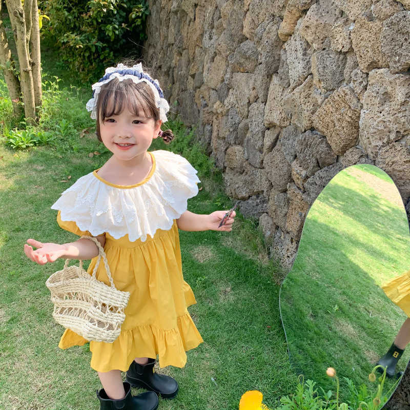 

Summer children double lace ruffle collar dress fashion girls cotton short sleeve princess dresses 1-6Y 210615, Yellow
