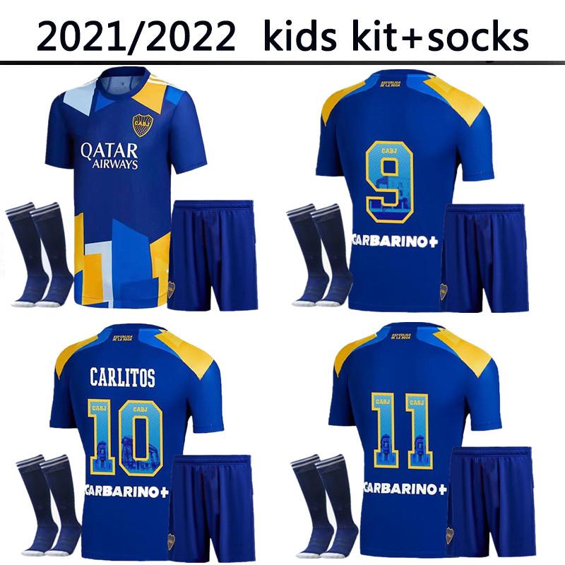 

21/22 Boca kids kit +socks Juniors DE ROSSI Soccer Jersey 2021 2022 away third TEVEZ CARLITOS MARADONA ROMAN Shirts SALVIO ABILA PAVON football Uniform, Blue