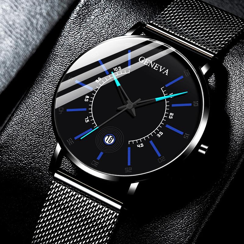 

Wristwatches Manner Uhren 2021 Luxus Mode Herren-Business Watch Ultra Dunne Edelstahl Mesh Gurtel Quarz Armbanduhr Reloj Hombre, L black blue