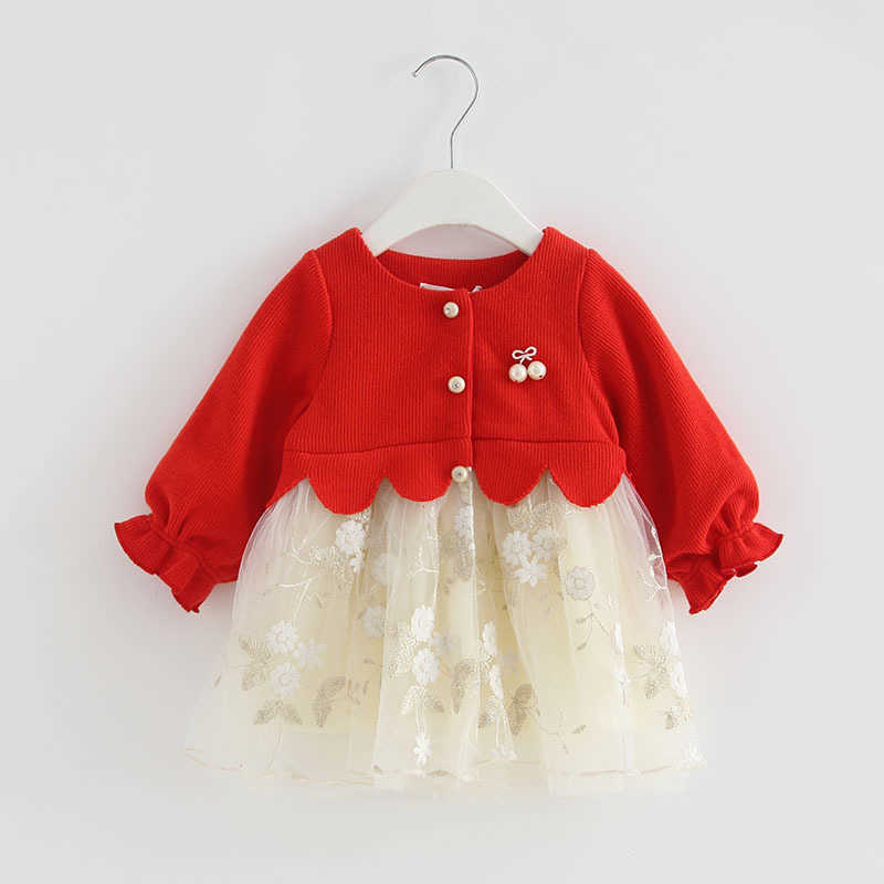 

Toddler Princess Dress Autumn Long Sleeve Infant Christmas For Baby Girl 1st Year Birthday Clothes born Knitting Frocks 210615, Red