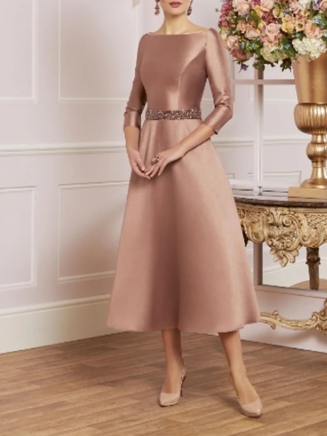 

Mother of the Bride Dress Plus Size Elegant Vintage Scoop Tea Length Satin 3/4 Sleeve Groom Party Gown Vestidos De Noiva