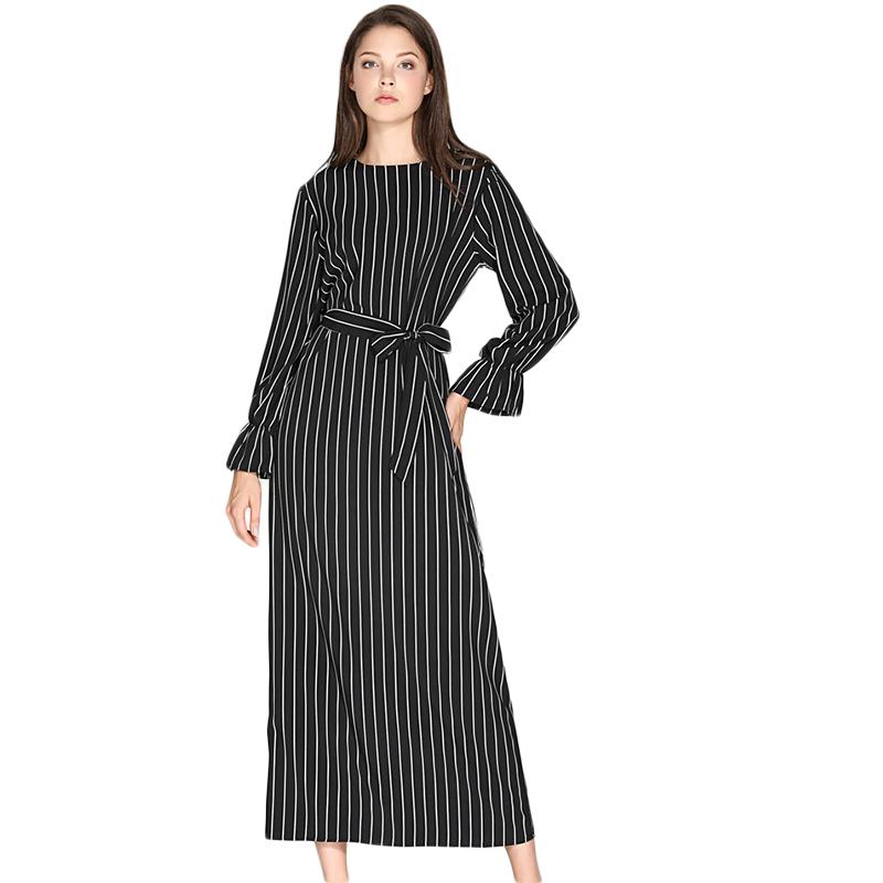 

Ethnic Clothing Wechery Womens Striped Long Dress Slim Abayas Islamic Muslim Style Plus Size Black White Turmpet Sleeve
