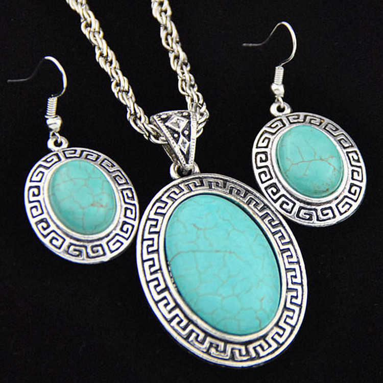 

women's Oval beads Tibetan silver turquoise earrings necklace set GSTQS030 fashion gift national style women DIY jewelry sets, As show