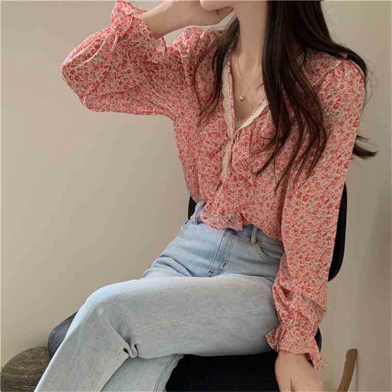 

Vintage Chiffon Florals Arrival Princess Prom Brief High Quality Summer Lady OL Elegant Sweet Shirts Tops 210525, Red