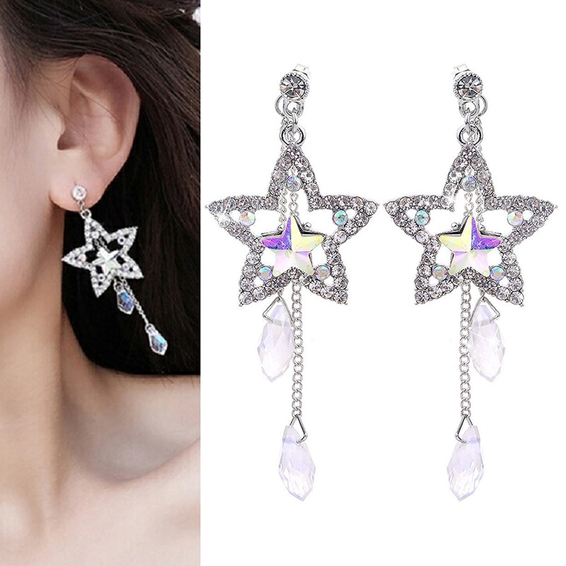 

Silver Plated Shiny Dangle Earring Stars Long Earrings 2021 Simple Water Drop Jewelry For Girl Woman & Chandelier