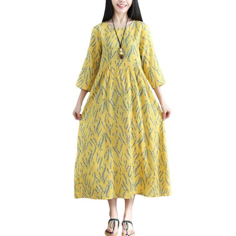 

Casual Dresses Plus Size Women's Summer Dress 2021 Fashion Vintage Printing Vestidos Loose Cotton Robe Femme, Yellow