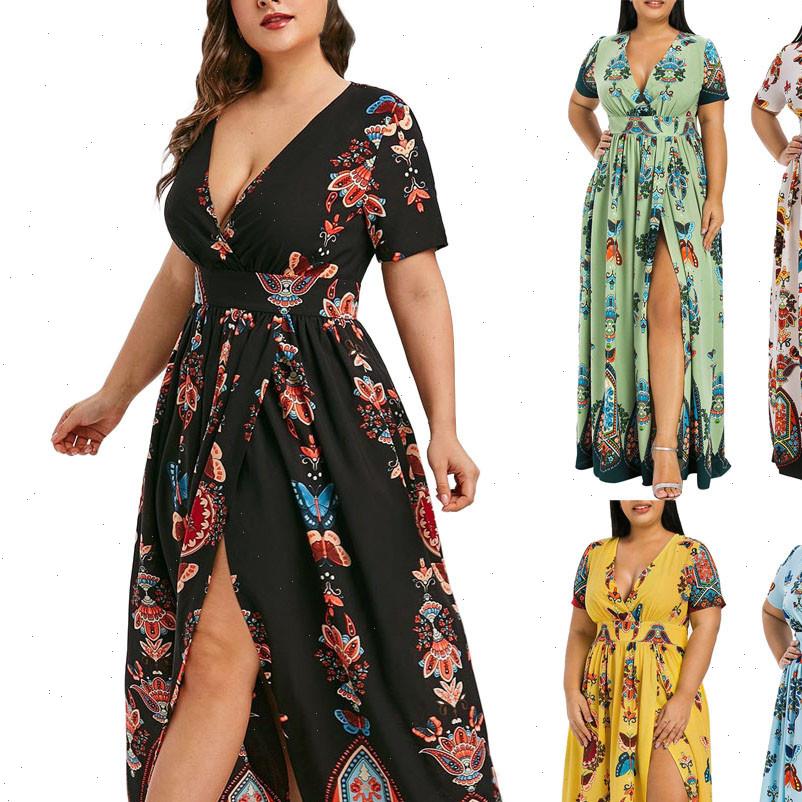 

h40 summer plus size long dress women butterfly printed short sleeve high split maxi dress deep v neck bohemian boho dresses, Black;gray