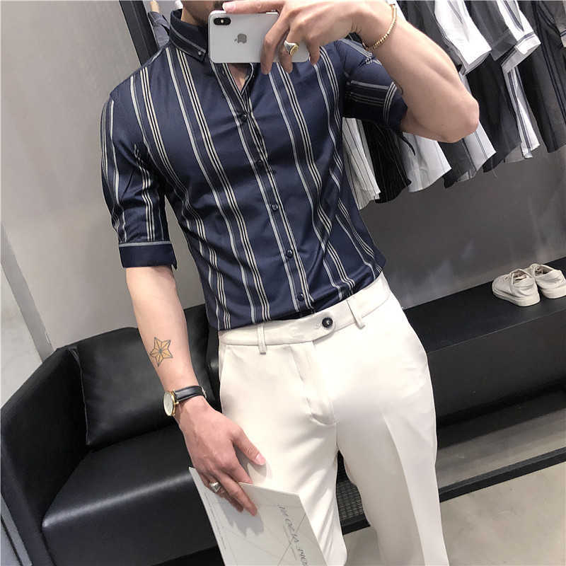 

Fashion Business Casual Shirt Men Summer Half Sleeve Striped Shirts Office Social Party Men Clothing Streetwear Chemise Homme 210527, Blue