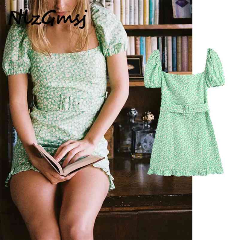 

Summer Dres Fashion Floral Print Short Sleeve Square Collar Mini With Belt Woman Vestido 04 210628, As picture