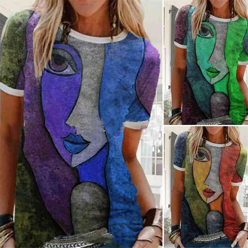 

Summer Women' Short Sleeve T-shirt Character Print Top Funny Art Street Style Casual Loose Tops 210708, Blue