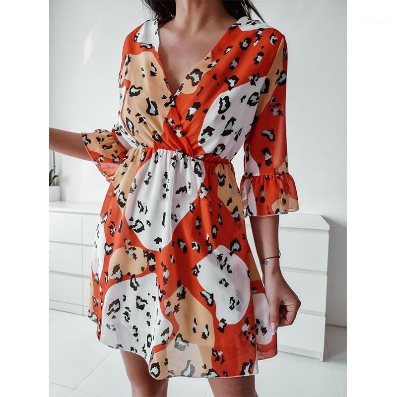 

Casual Dresses Women Dress Loose Stitching Lotus Leaf Mid-Sleeve Leopard Print Ladies 2021 Summer Fashion Female Clothing, Blue