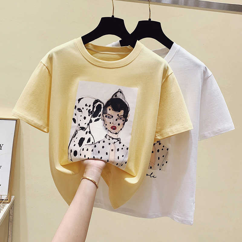 

Short Sleeve Tshirt Women Kawaii White Clothes Summer Tops Woman T-shirts Cartoon Dog Tee Shirt Korean Fashion Yellow 210604