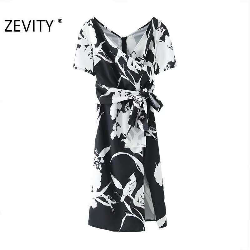 

ZEVITY women fashion v neck black white contrast color print bow dress female kimono vestido chic casual slim dresses DS4464 210603, As pic ds4464gl