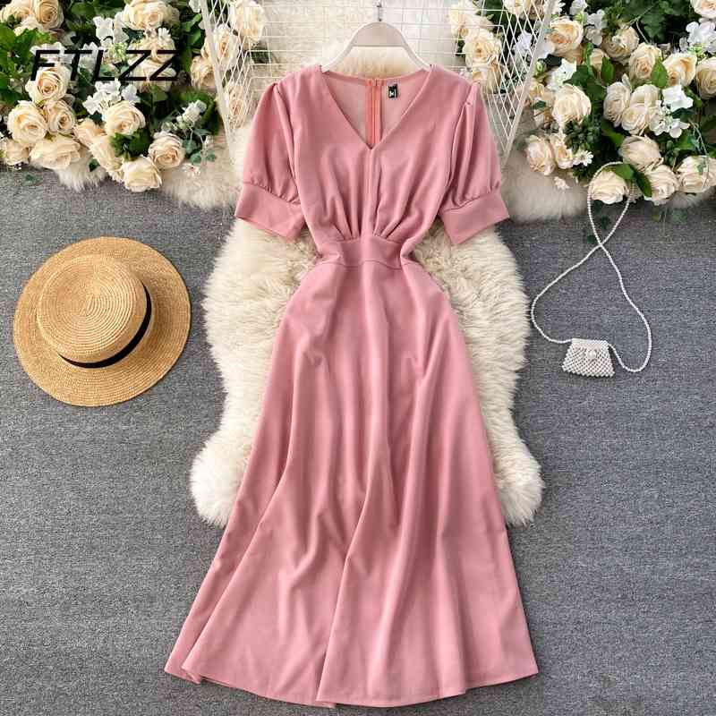 

Women Elegant Office Dress Vestidos Summer Slim A Line V Neck Sexy Midi Dresses Ladies Puff Sleeve Casual Robe 210602, Red