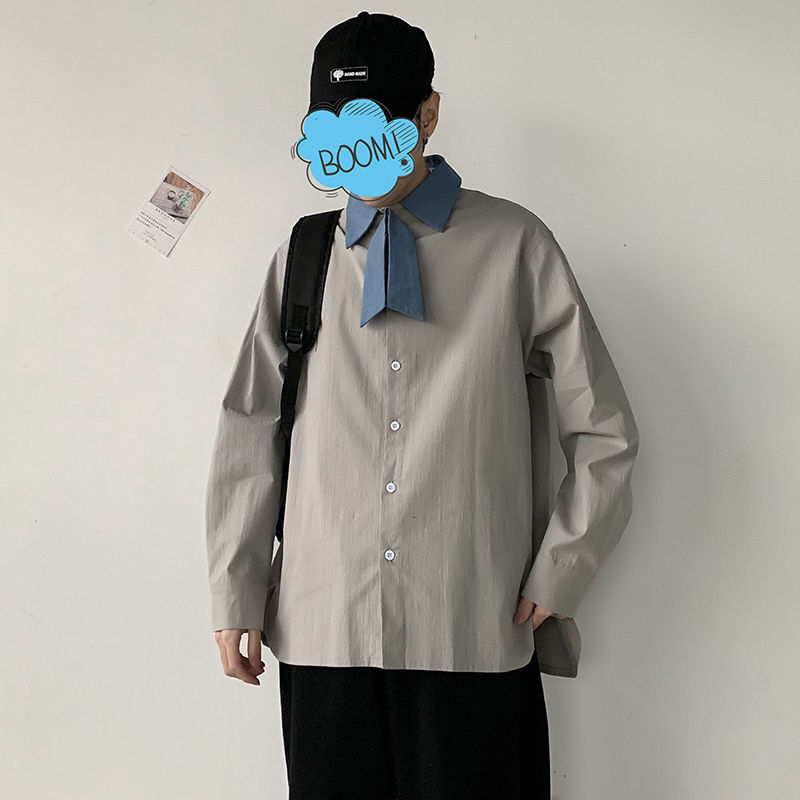 

2021 New Summer Men's Loose Long Sleeve Shirt Camisa Masculina Streetwear Fashion Mens Lapel Collar Blue Shirts Plus Size S-2xl Ga8l, Gray