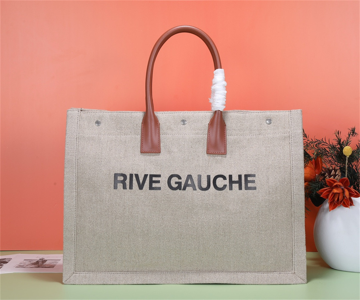 

2021 High quality Women's Handbag Rive Gauche Tote Shopping Bag Famous fashion Linen Large beach Bag Luxury designer travel Diagonal Shoulder Purse Purse, White + grey